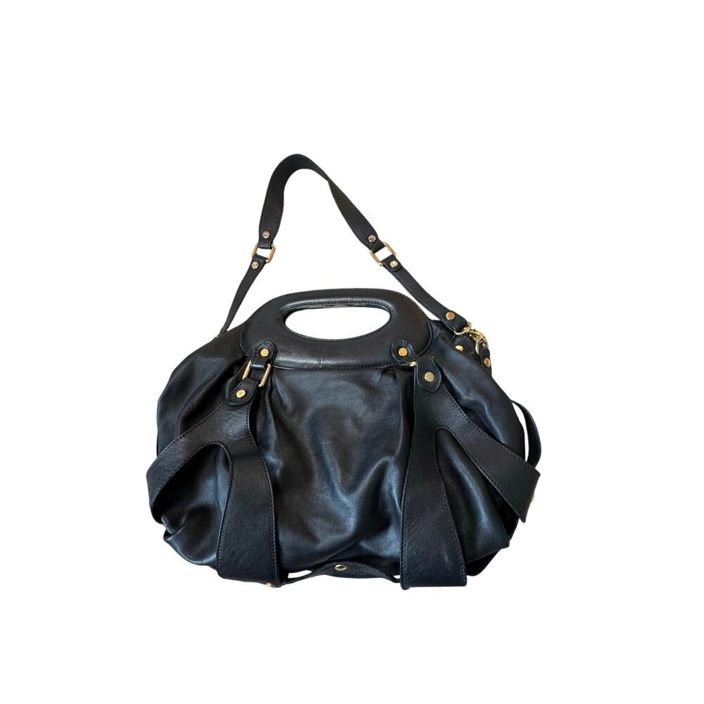 ABACO Paris Black Leather Cutout Handle Hobo Shoulder Satchel Bag Made In France